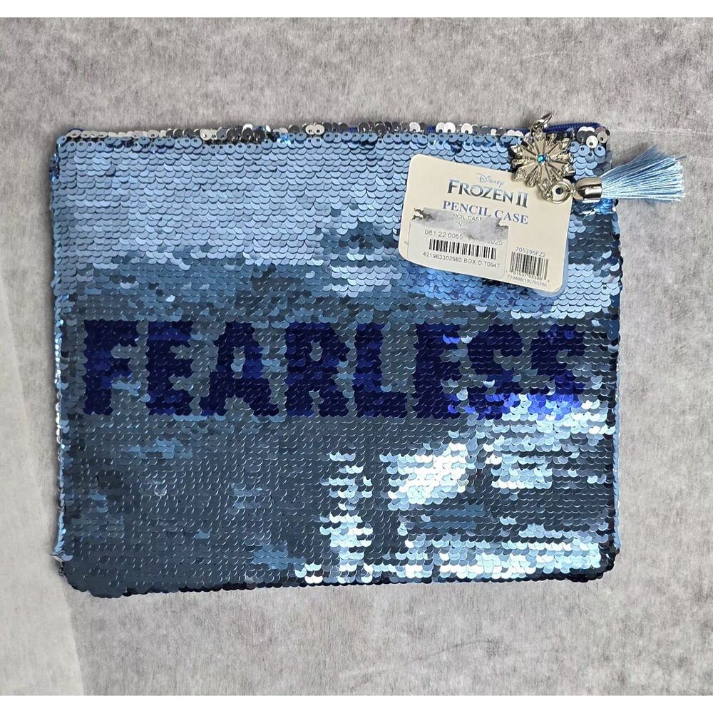 Disney Frozen 2 Sequin Pencil Pouch Makeup Bag Blue Silver Snowflake Charm NWT